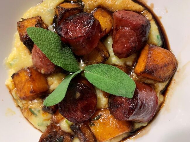 Beef Kielbasa with Rosated Squash, Parmesan Polaneta with a Belsamic Reduction